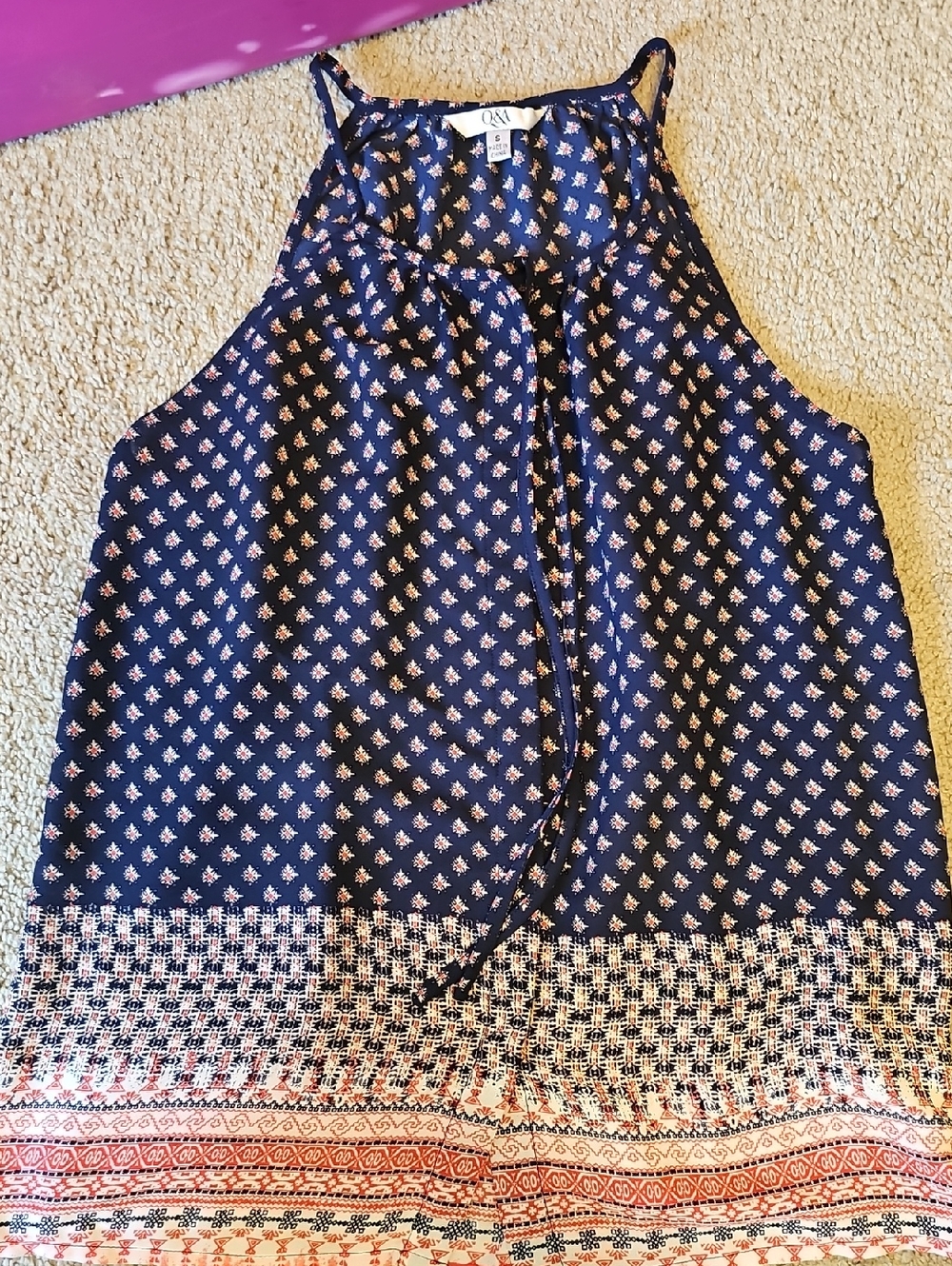 Q&A Navy Halter Tank with Coral and Cream Floral Motif